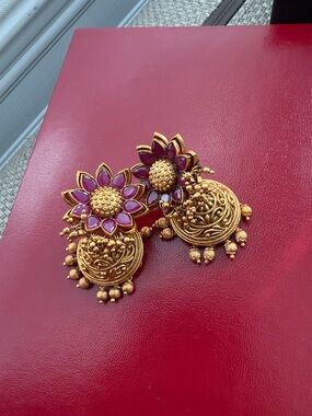 Gold-Tone Floral Drop Earrings with Purple Accents - Women Jewelry